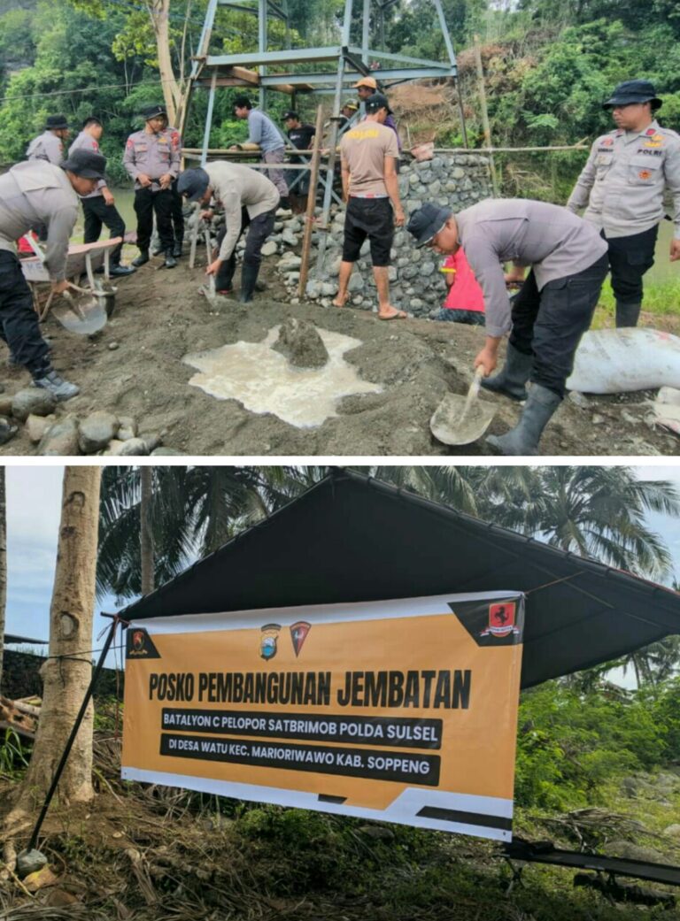Brimob Polda Sulsel Turun Tangan Bangun Jembatan Gantung di Soppeng Bukti Cinta Polri untuk Masyarakat