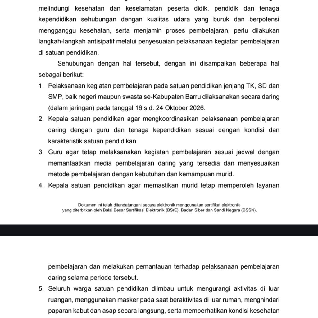 Bupati Barru Terbitkan Surat Edaran, Pembelajaran TK hingga SMP Dialihkan ke Daring pada 16–24 Oktober 2026